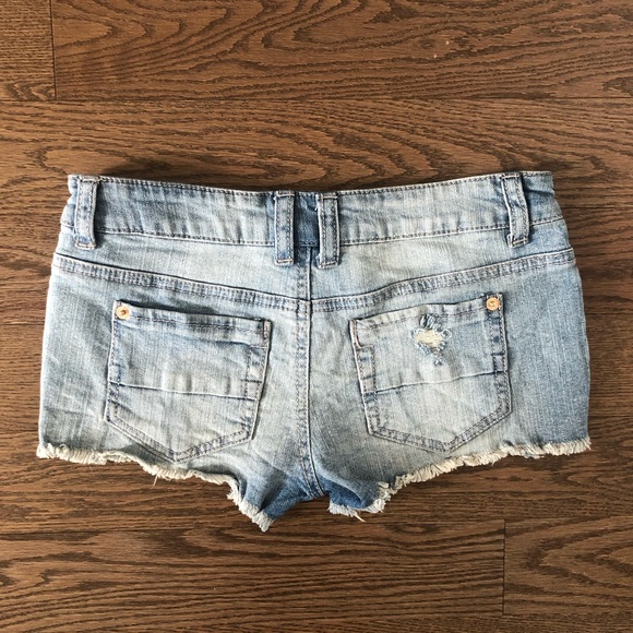 Mossimo Low Rise Embroidered Denim Fringe Frayed Hem Jean Shorts - Picture 2 of 5